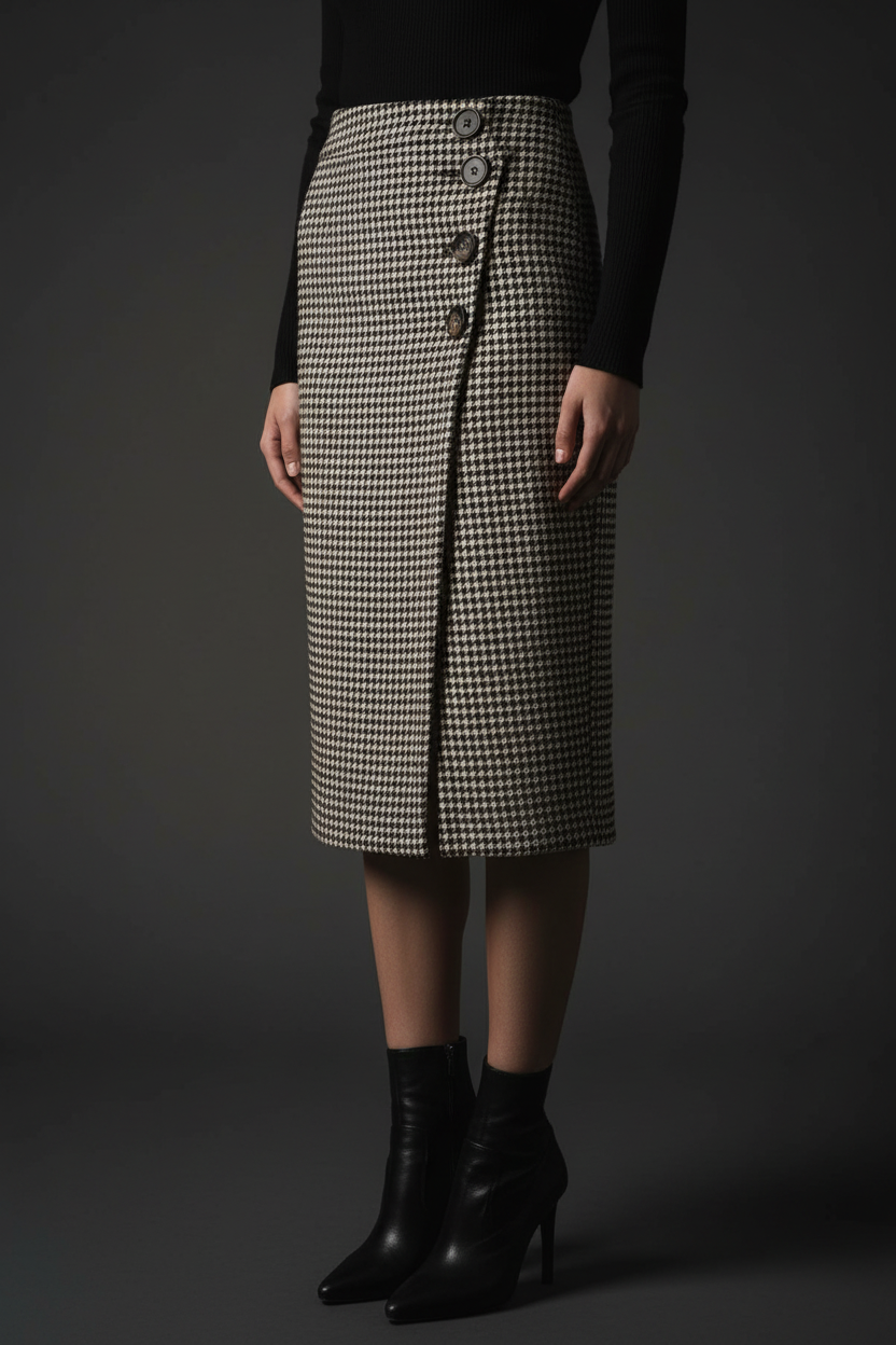 The Cipher — Brown/White Houndstooth Pencil Midi Skirt | Noir & Nova
